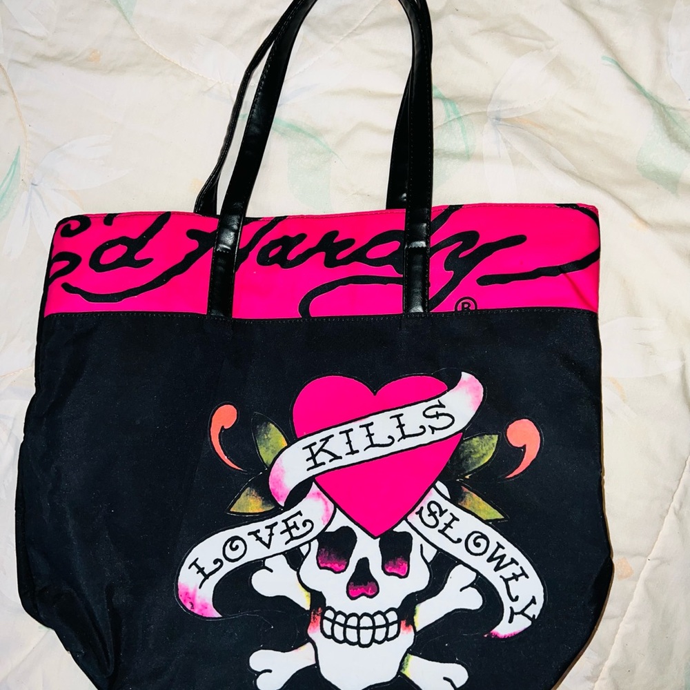 Ed Hardy Black and Pink Skull Tote